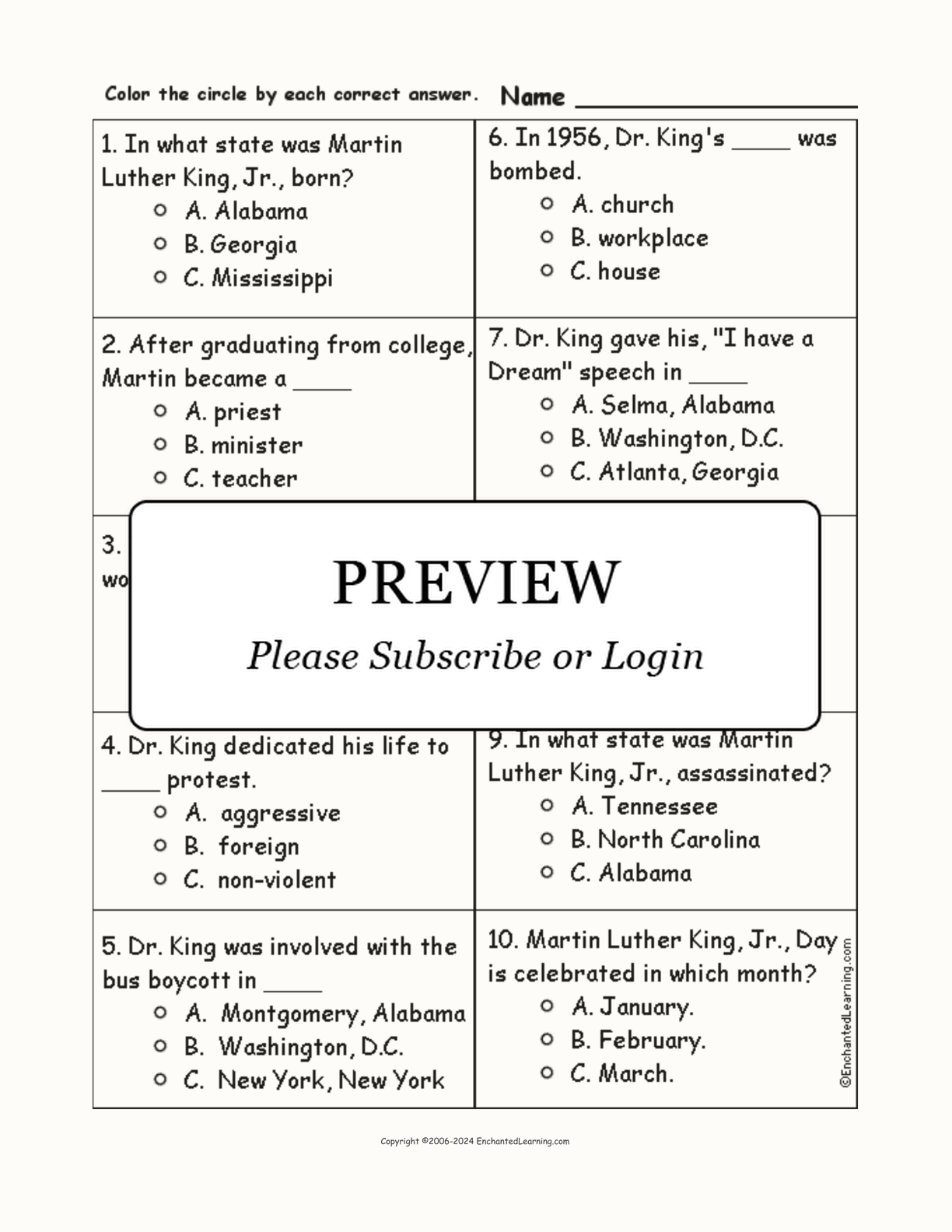 Martin Luther King, Jr., Quiz interactive worksheet page 1
