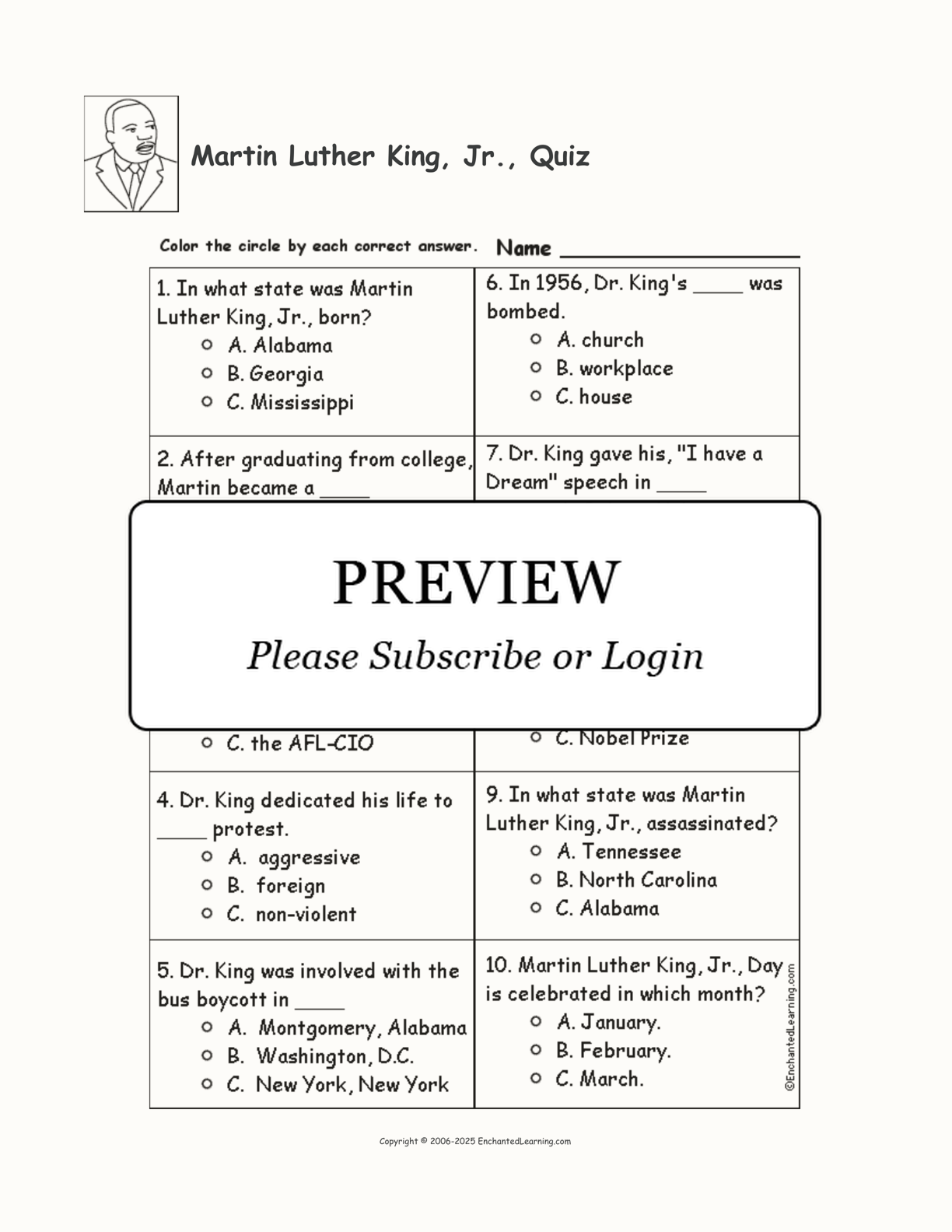 Martin Luther King, Jr., Quiz interactive worksheet page 1