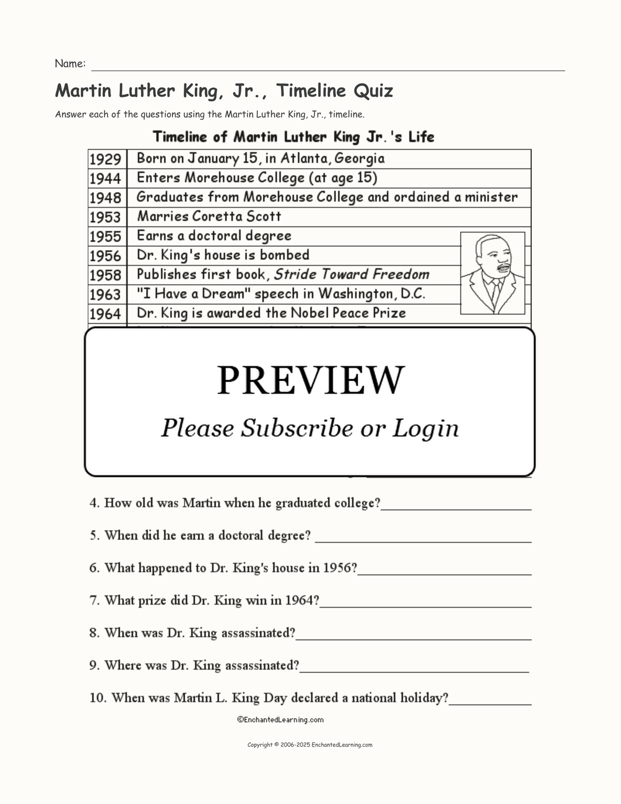 Martin Luther King Jr Timeline Quiz Enchanted Learning