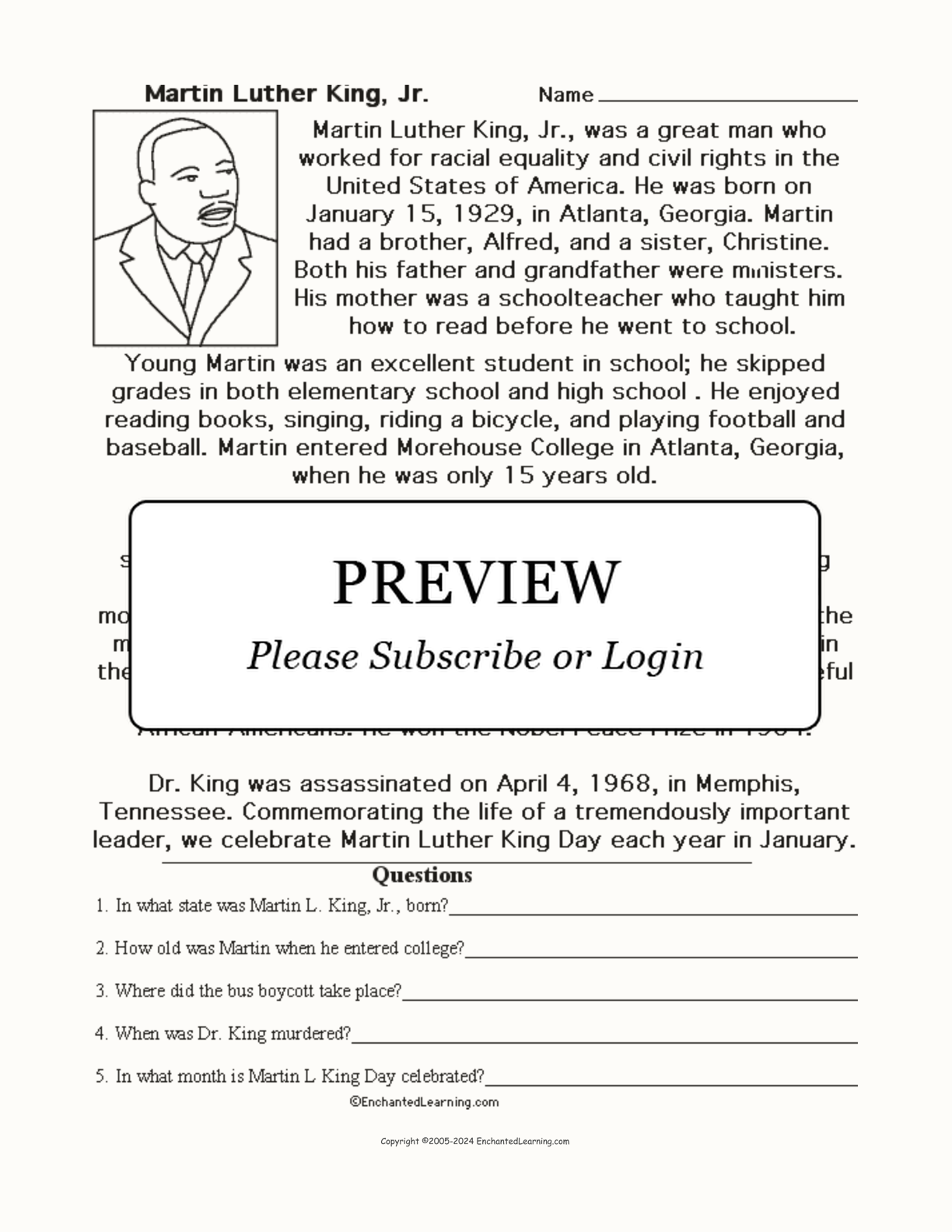 Martin Luther King, Jr., Biography (with Questions) interactive worksheet page 1