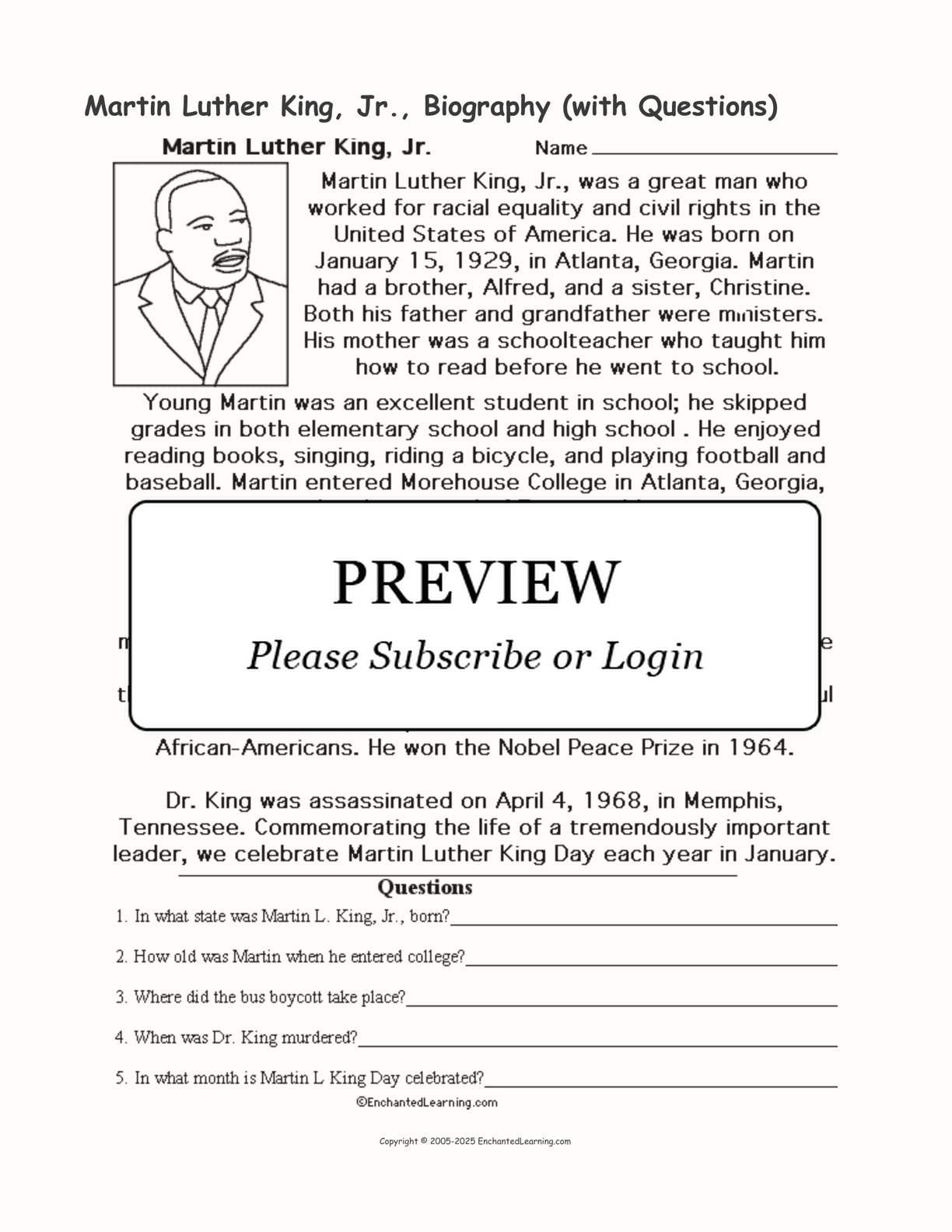 Martin Luther King, Jr., Biography (with Questions) interactive worksheet page 1