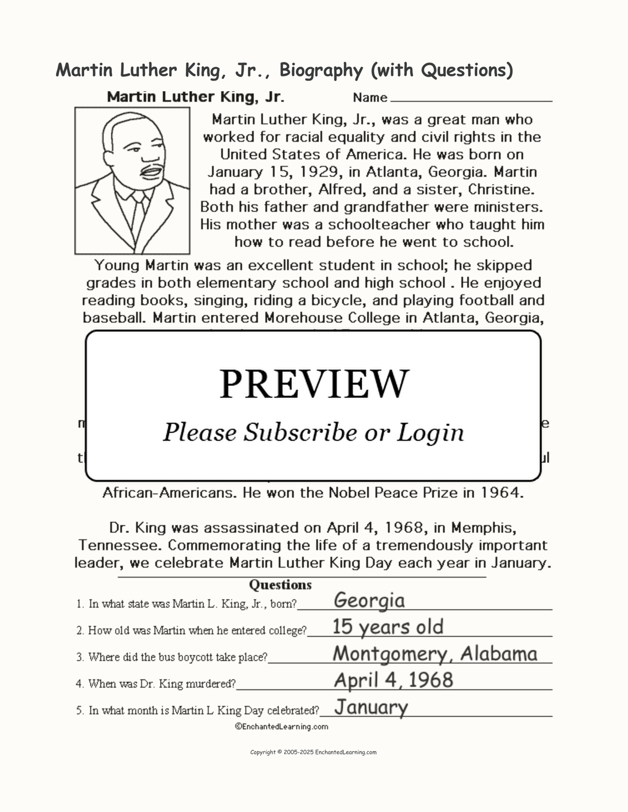 Martin Luther King, Jr., Biography (with Questions) interactive worksheet page 2