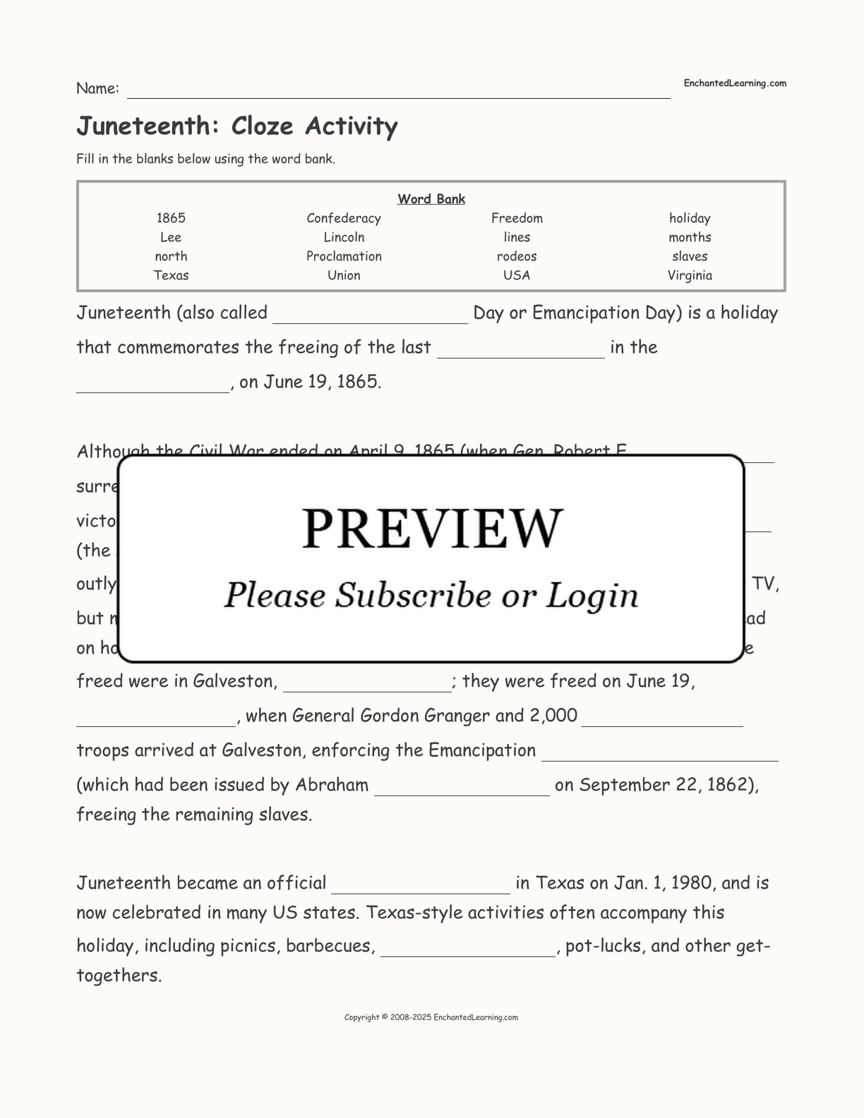 Juneteenth: Cloze Activity interactive worksheet page 1