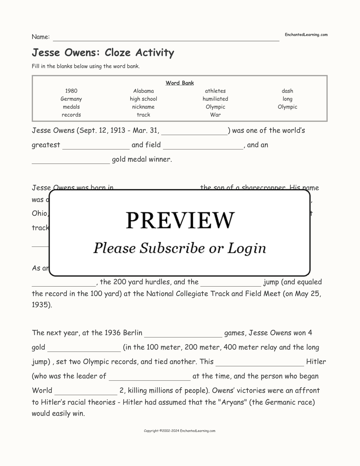 Jesse Owens: Cloze Activity interactive worksheet page 1