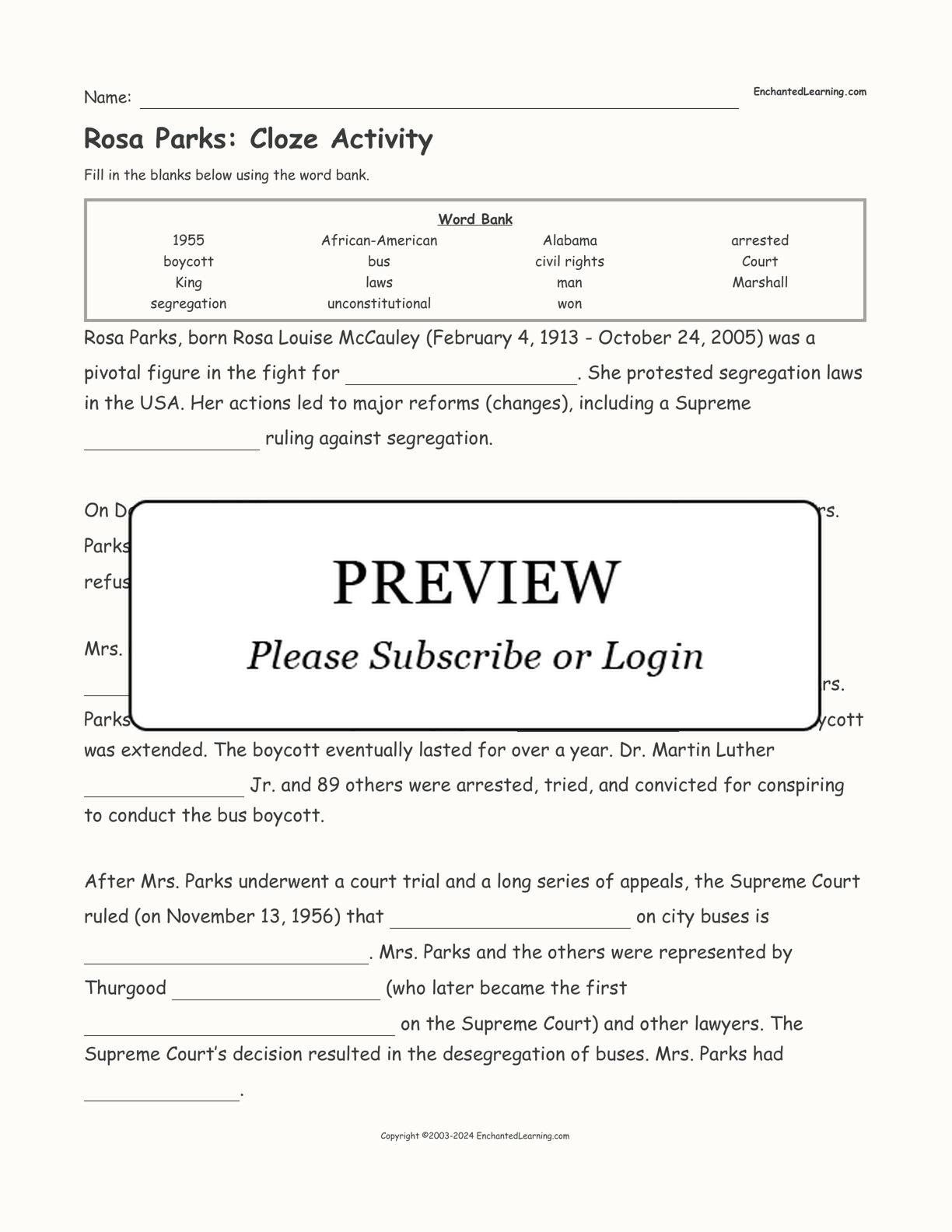 Rosa Parks: Cloze Activity interactive worksheet page 1