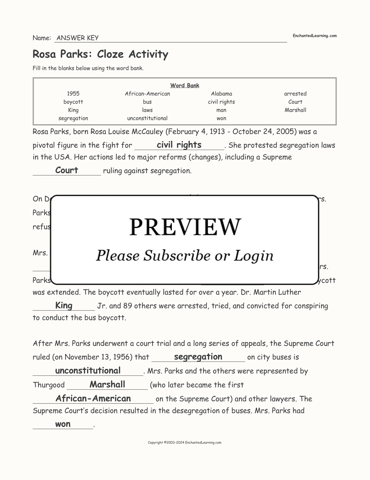 Rosa Parks: Cloze Activity interactive worksheet page 2