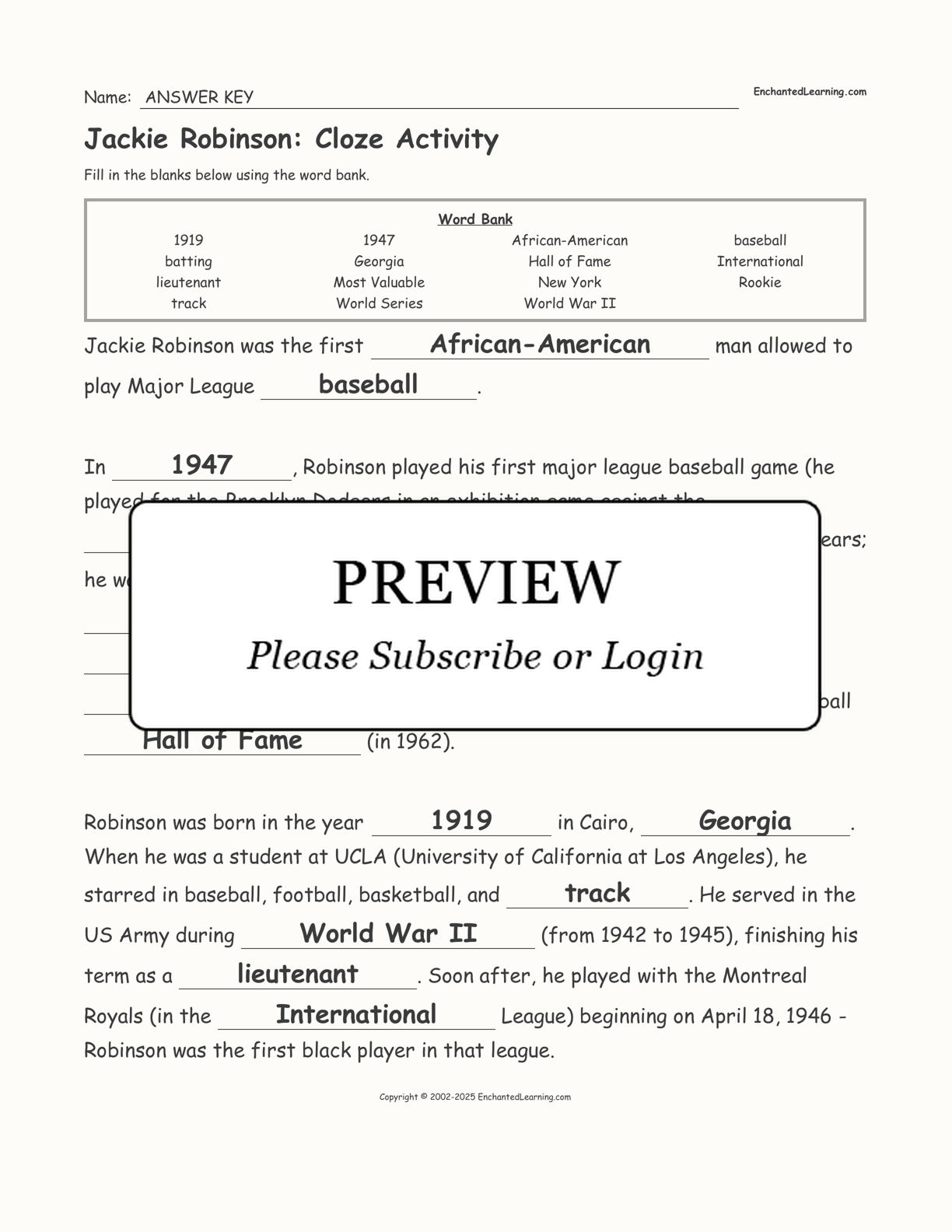 Jackie Robinson: Cloze Activity interactive worksheet page 2