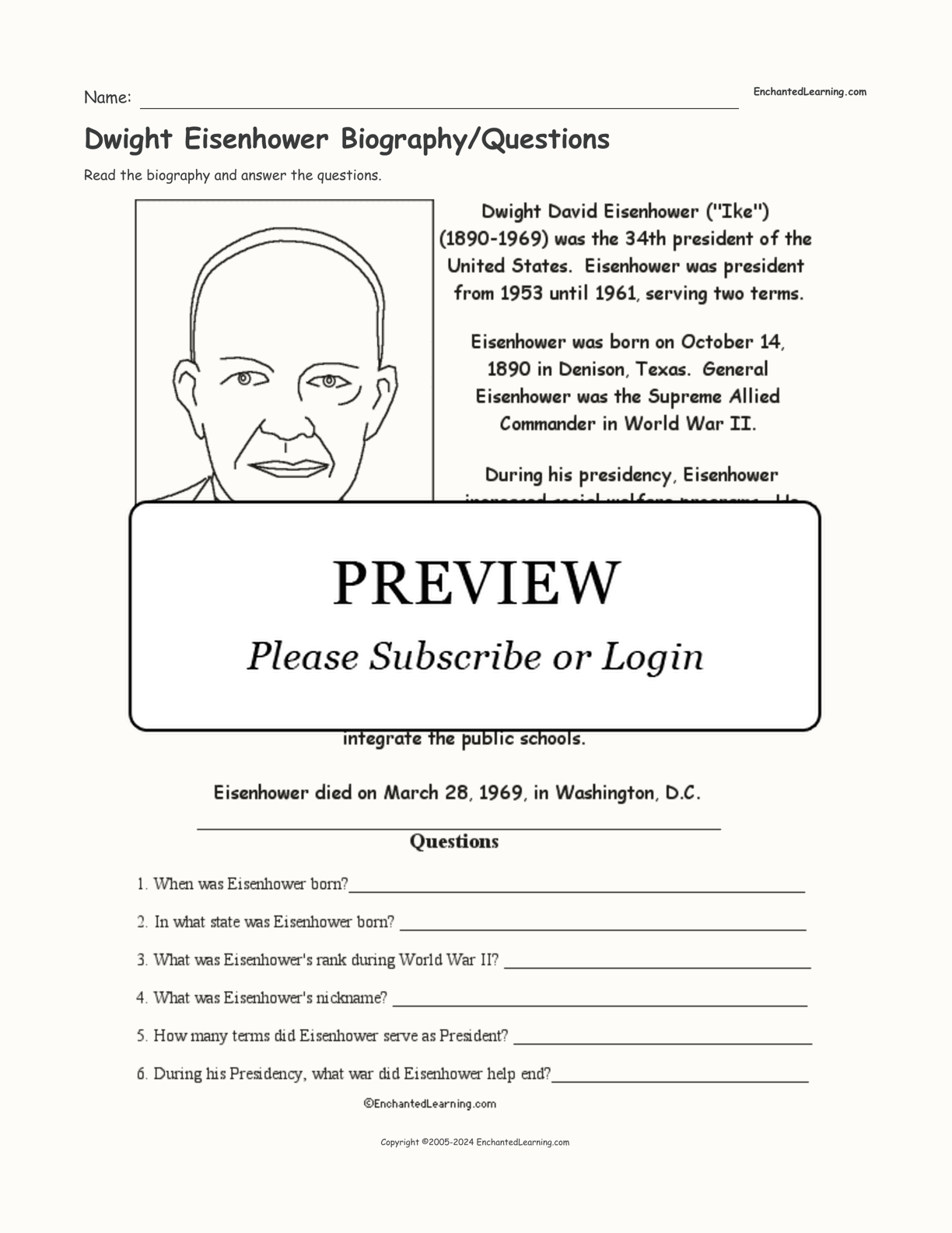 Dwight Eisenhower Biography/Questions interactive worksheet page 1