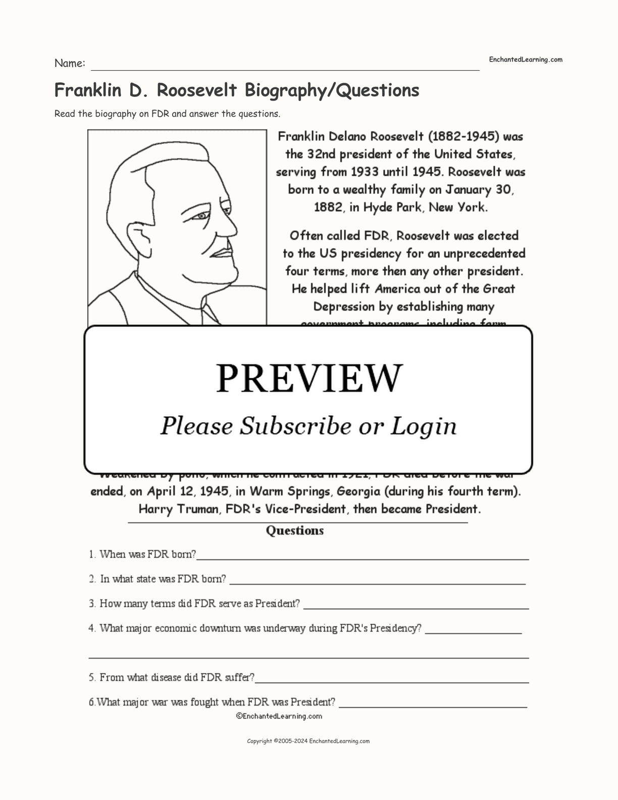 Franklin D. Roosevelt Biography/Questions interactive worksheet page 1