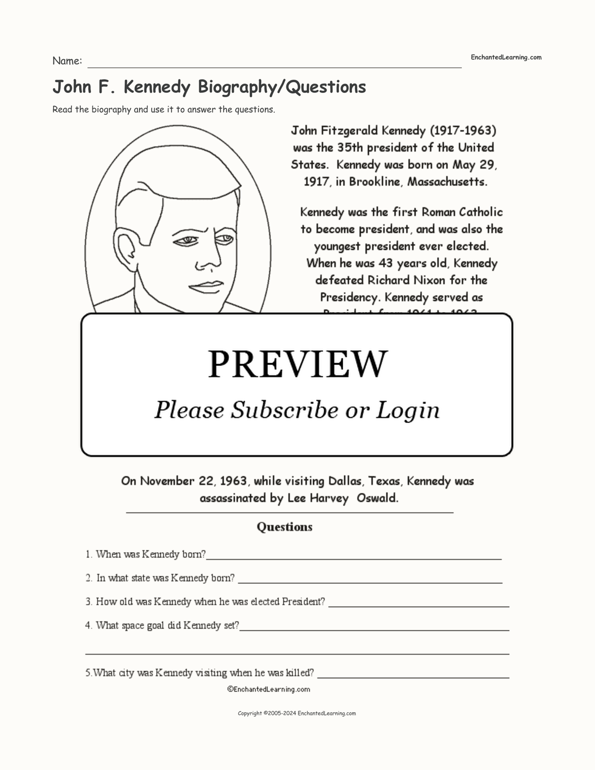 John F. Kennedy Biography/Questions interactive worksheet page 1