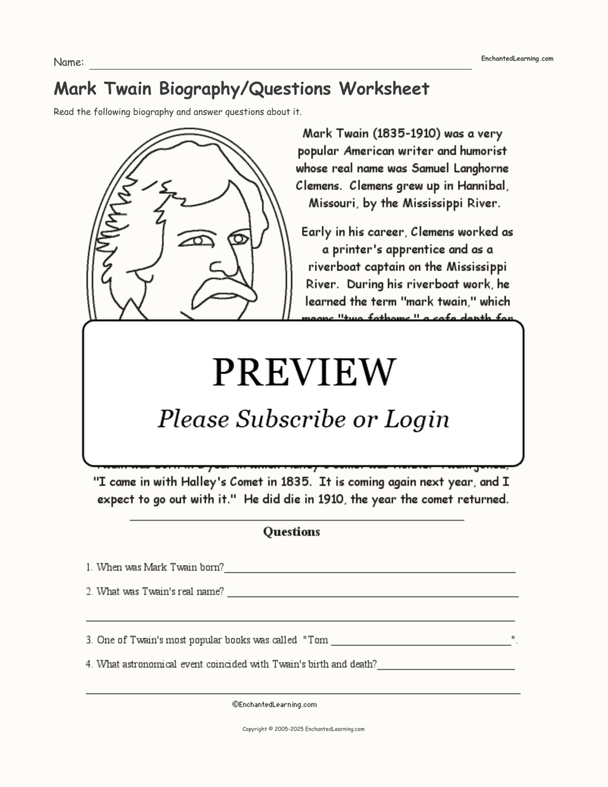 Mark Twain Biography/Questions Worksheet interactive worksheet page 1