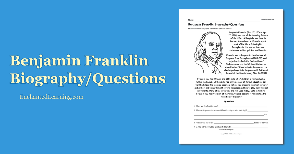 benjamin-franklin-biography-questions-enchanted-learning for Benjamin Franklin Free Printable Worksheets Benjamin Franklin Biography/Questions - Enchanted Learning for Benjamin Franklin Free Printable Worksheets