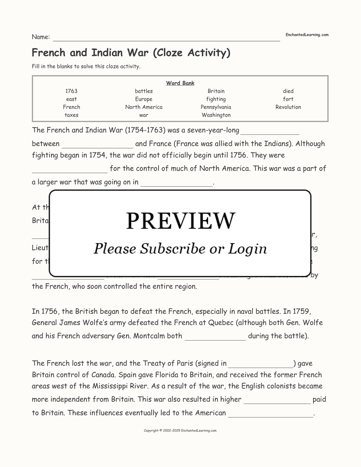 French and Indian War (Cloze Activity) interactive worksheet page 1