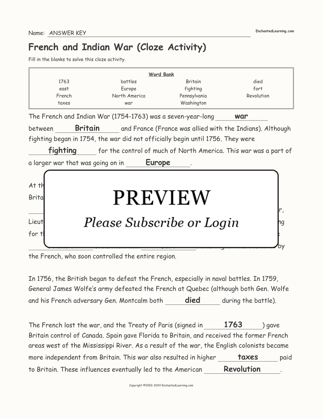 French and Indian War (Cloze Activity) - Enchanted Learning With French And Indian War Worksheet