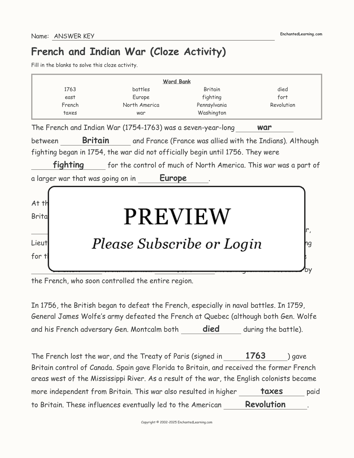 French and Indian War (Cloze Activity) interactive worksheet page 2