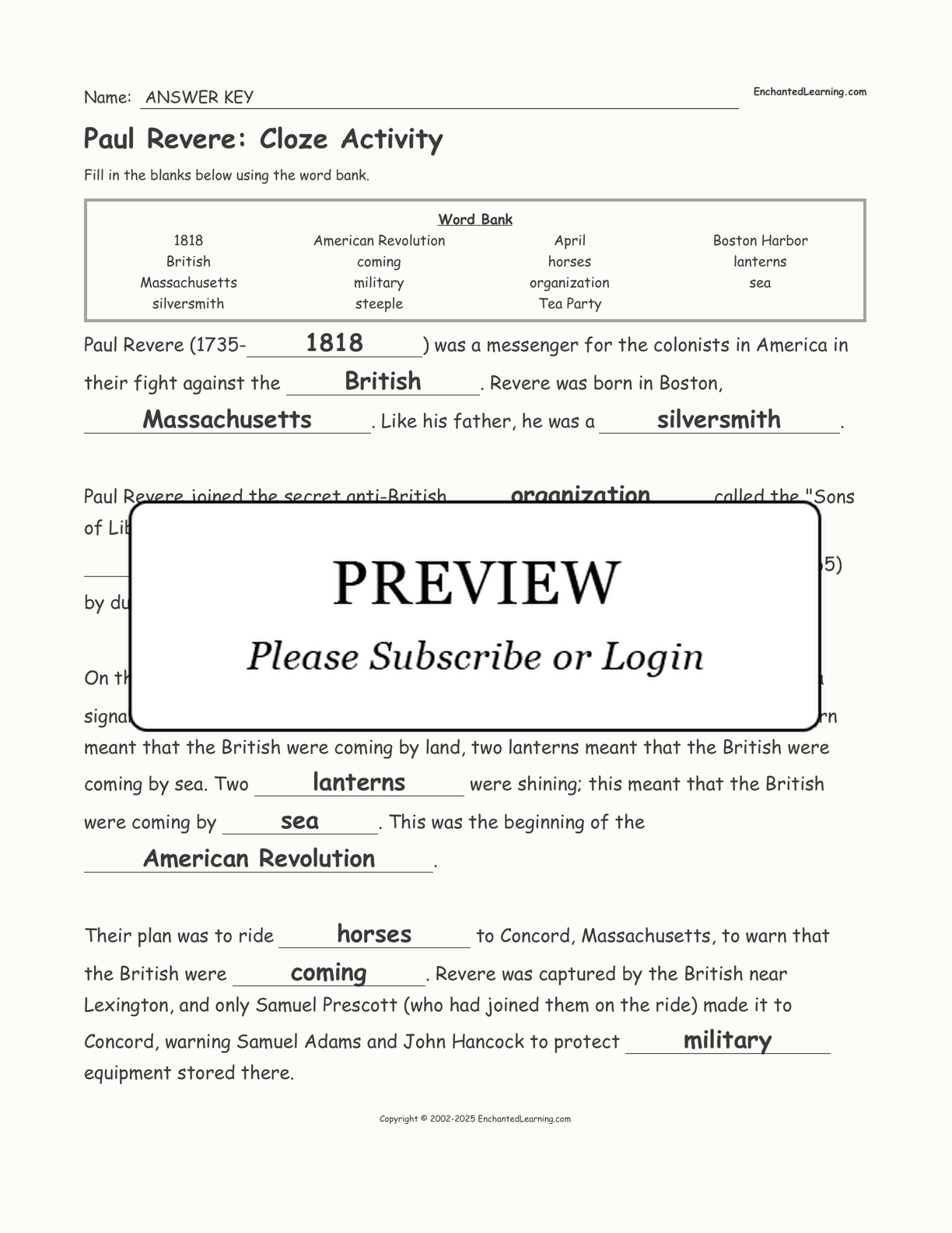 Paul Revere: Cloze Activity interactive worksheet page 2