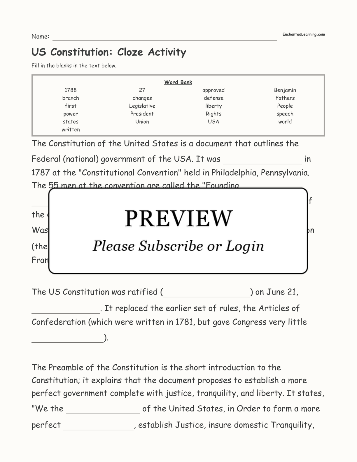 US Constitution: Cloze Activity - Enchanted Learning With Regard To Anatomy Of The Constitution Worksheet