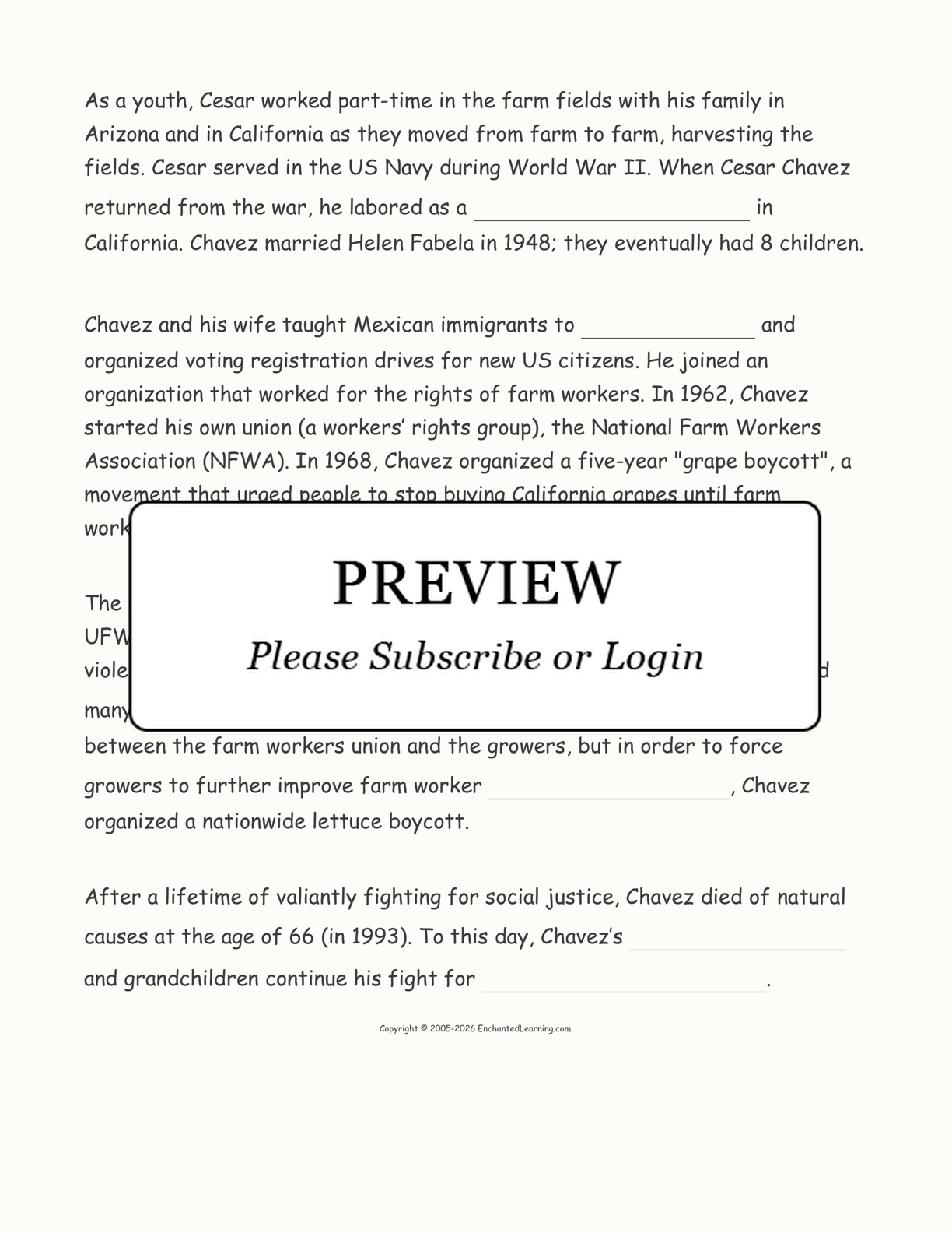 Cesar Chavez Biography Cloze Activity Enchanted Learning