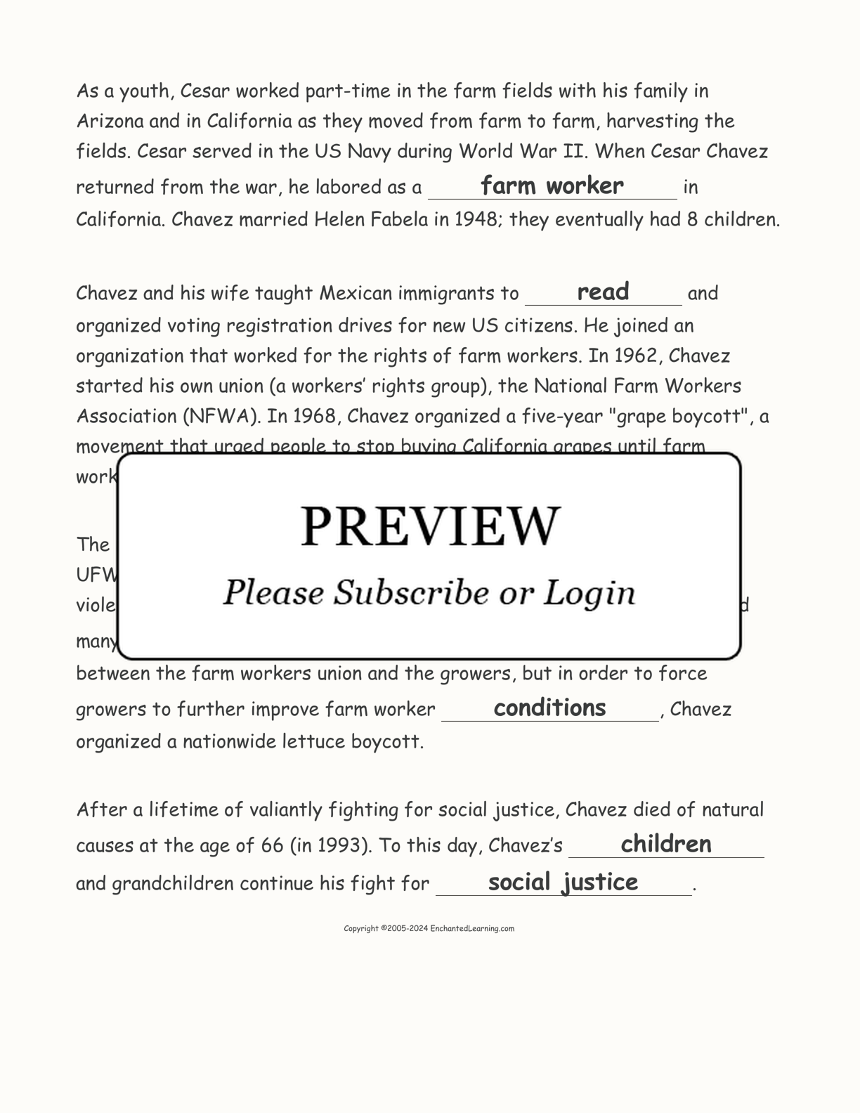 Cesar Chavez Biography: Cloze Activity interactive worksheet page 4