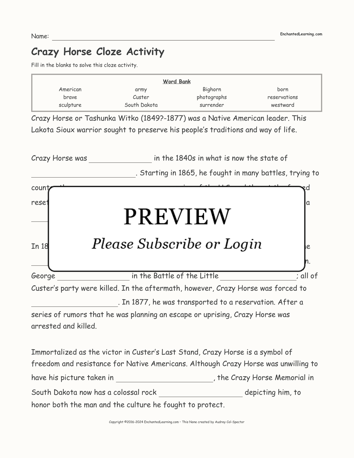 Crazy Horse Cloze Activity interactive worksheet page 1