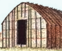Front of Iroquois longhouse, about 1900