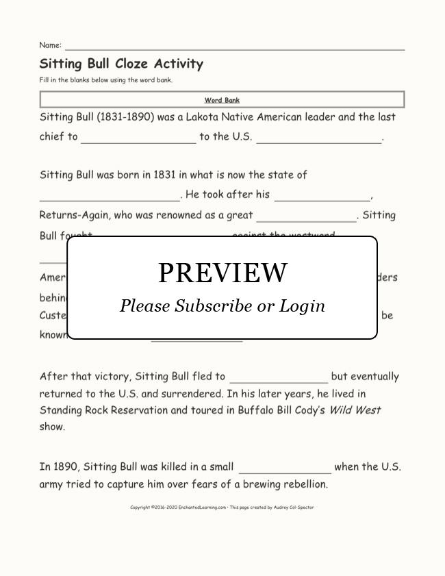 Sitting Bull Fill-in-the-Blanks Cloze Activity