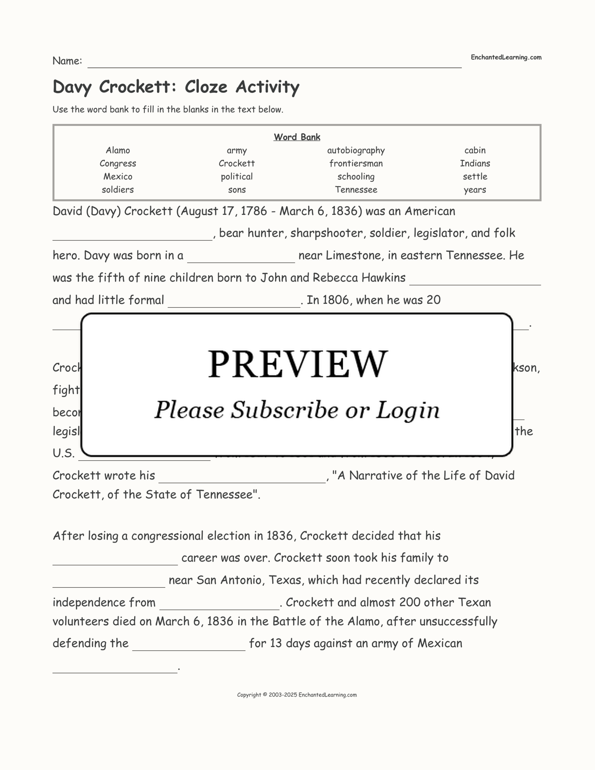 Davy Crockett: Cloze Activity interactive worksheet page 1