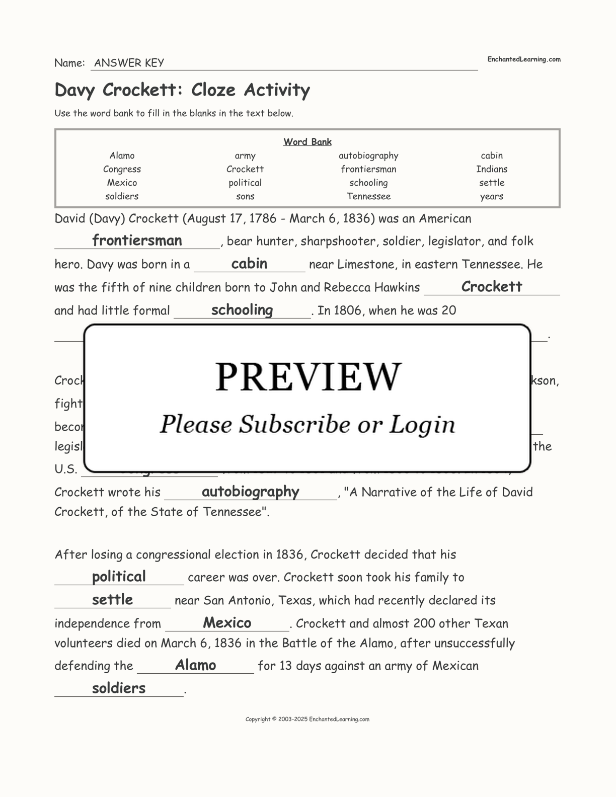 Davy Crockett: Cloze Activity interactive worksheet page 2