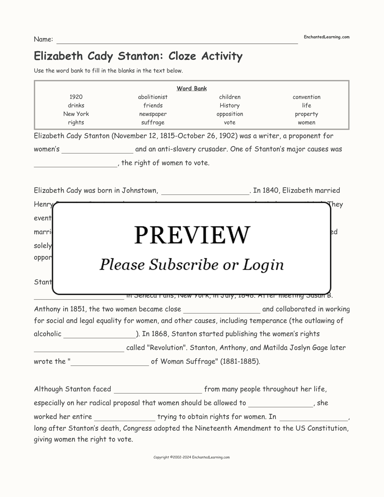 Elizabeth Cady Stanton: Cloze Activity interactive worksheet page 1
