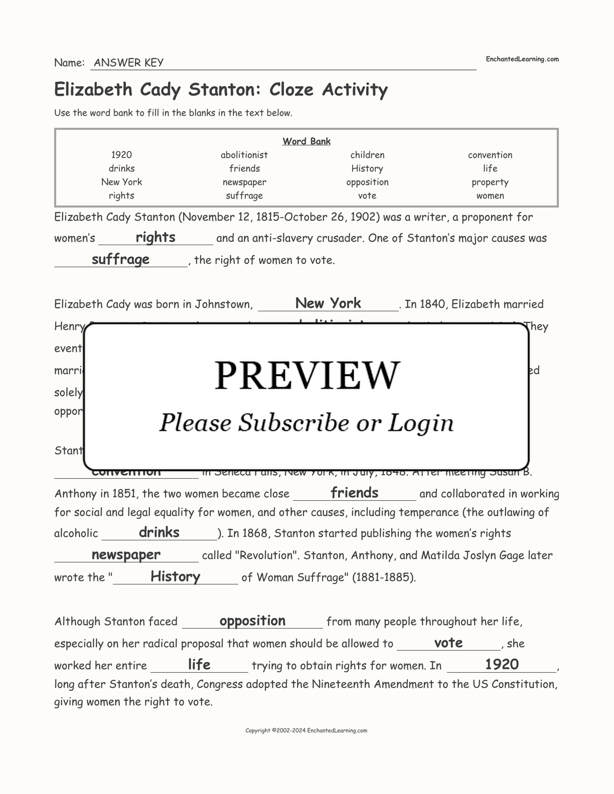 Elizabeth Cady Stanton: Cloze Activity interactive worksheet page 2