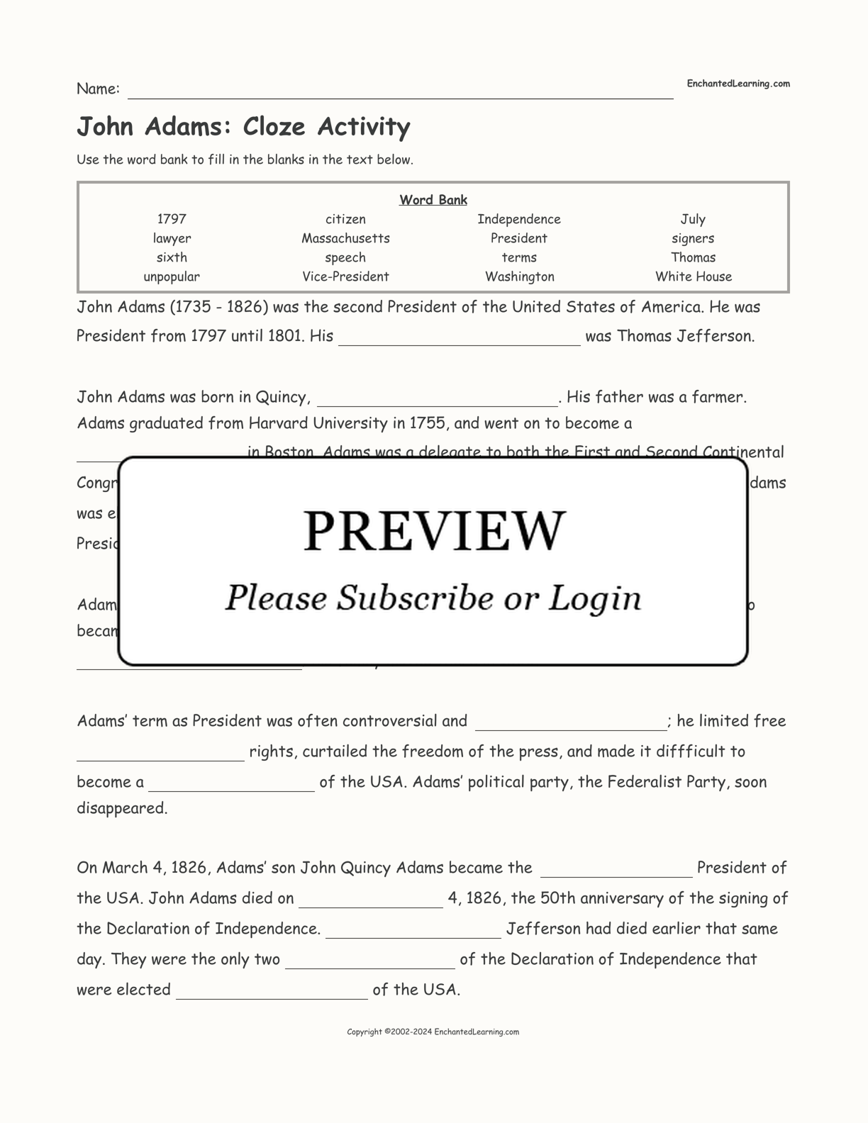 John Adams: Cloze Activity interactive worksheet page 1