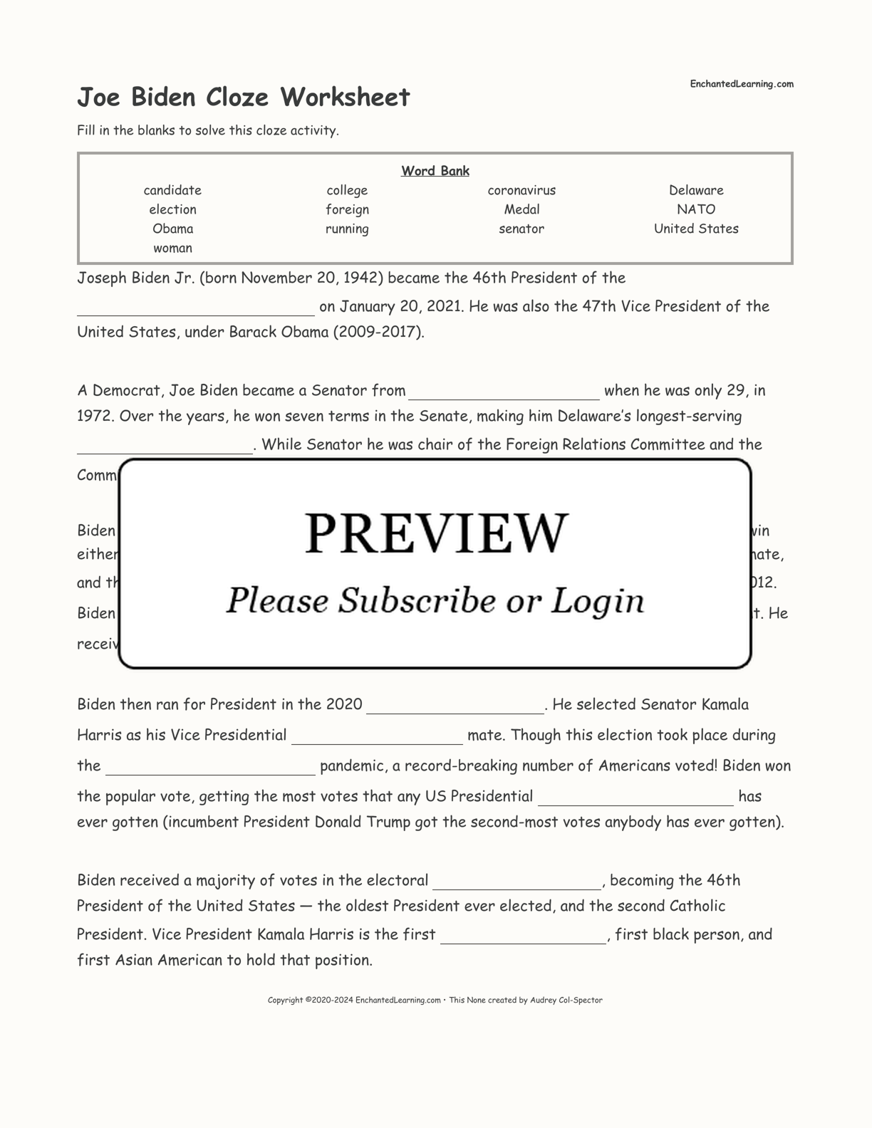 Joe Biden Cloze Worksheet interactive worksheet page 1