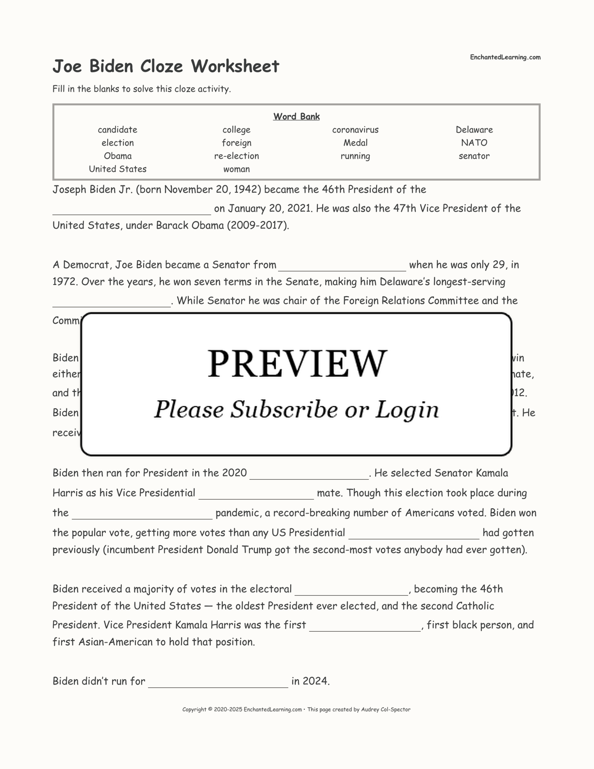 Joe Biden Cloze Worksheet interactive worksheet page 1