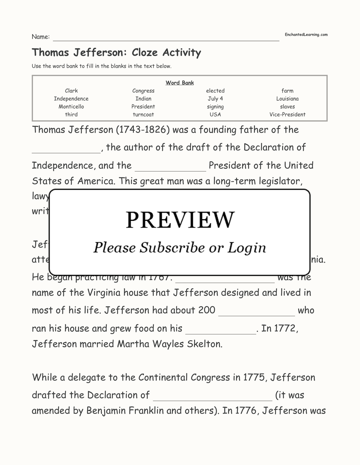 Thomas Jefferson: Cloze Activity interactive worksheet page 1