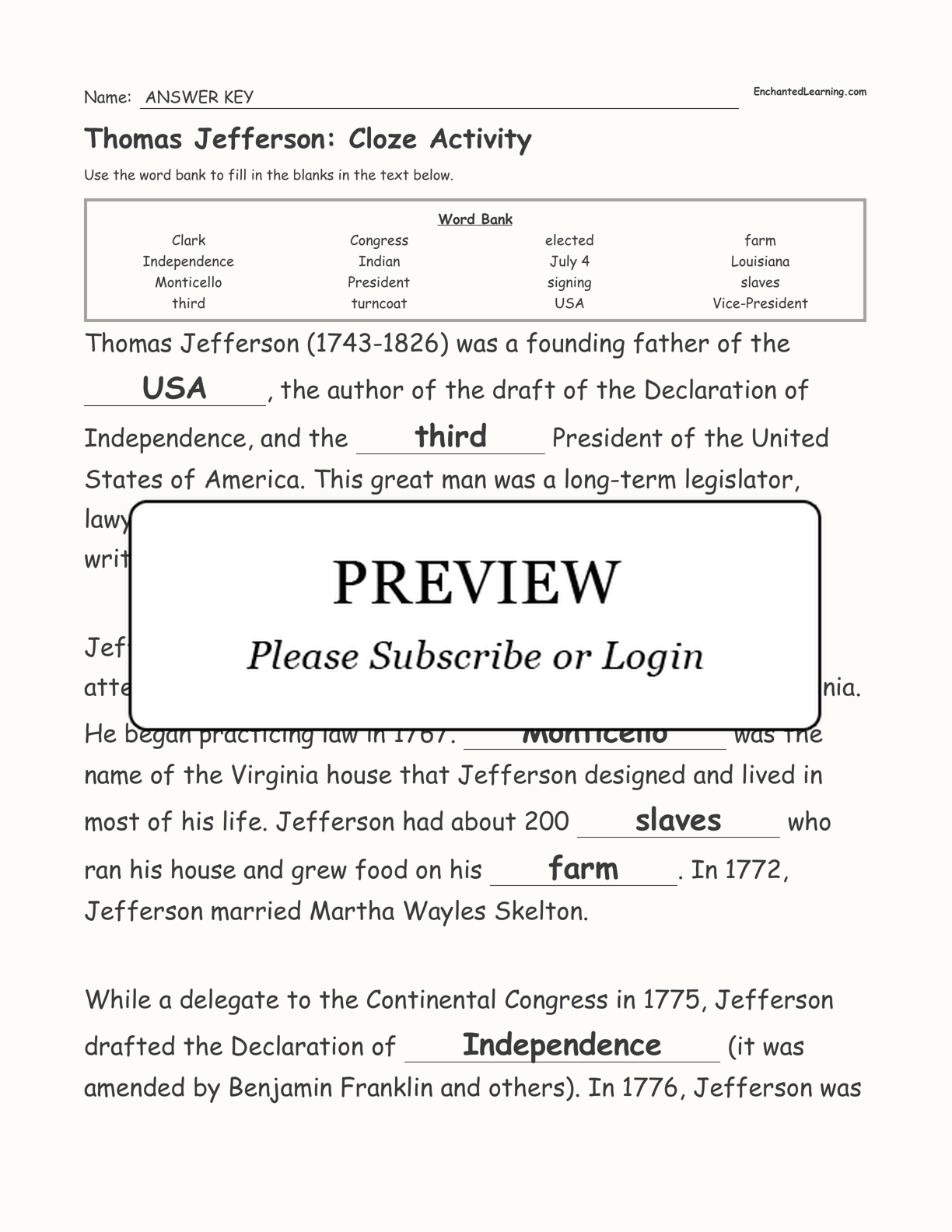 Thomas Jefferson: Cloze Activity interactive worksheet page 4