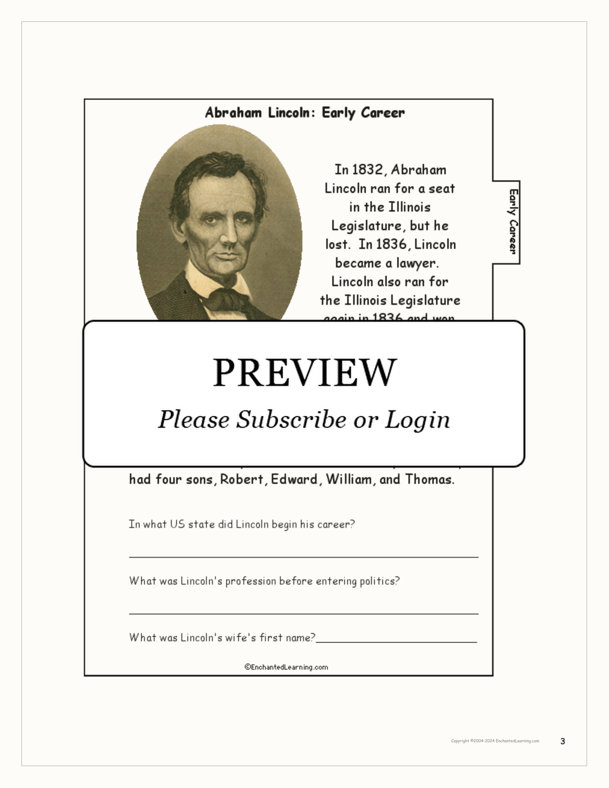 Abraham Lincoln Book interactive printout page 3