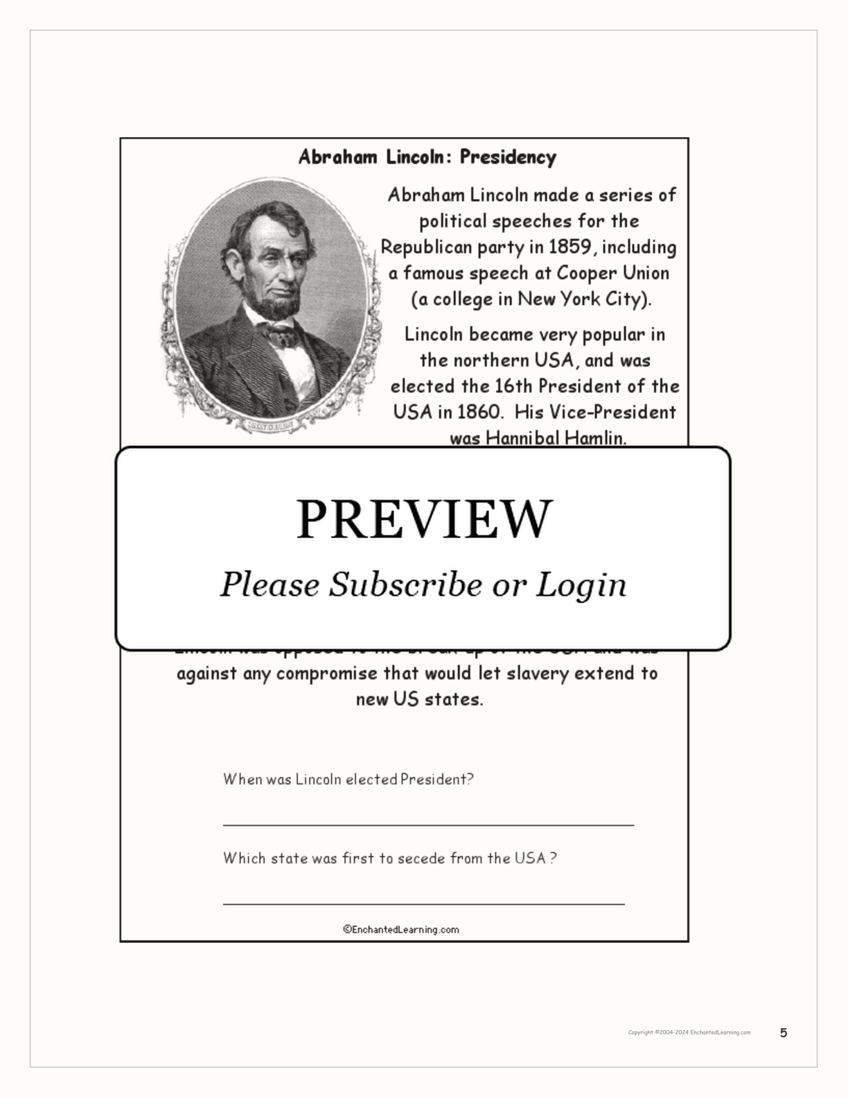 Abraham Lincoln Book interactive printout page 5