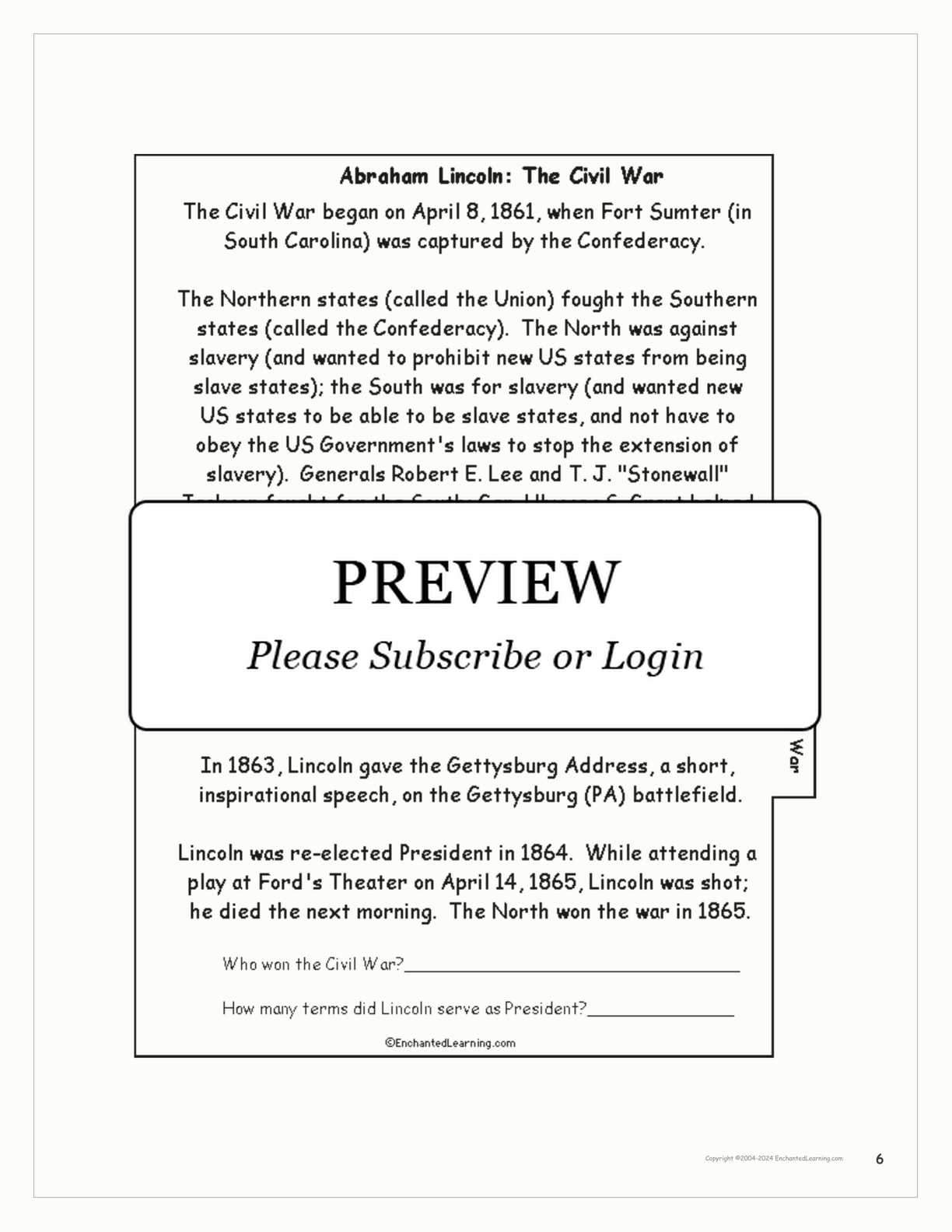 Abraham Lincoln Book interactive printout page 6