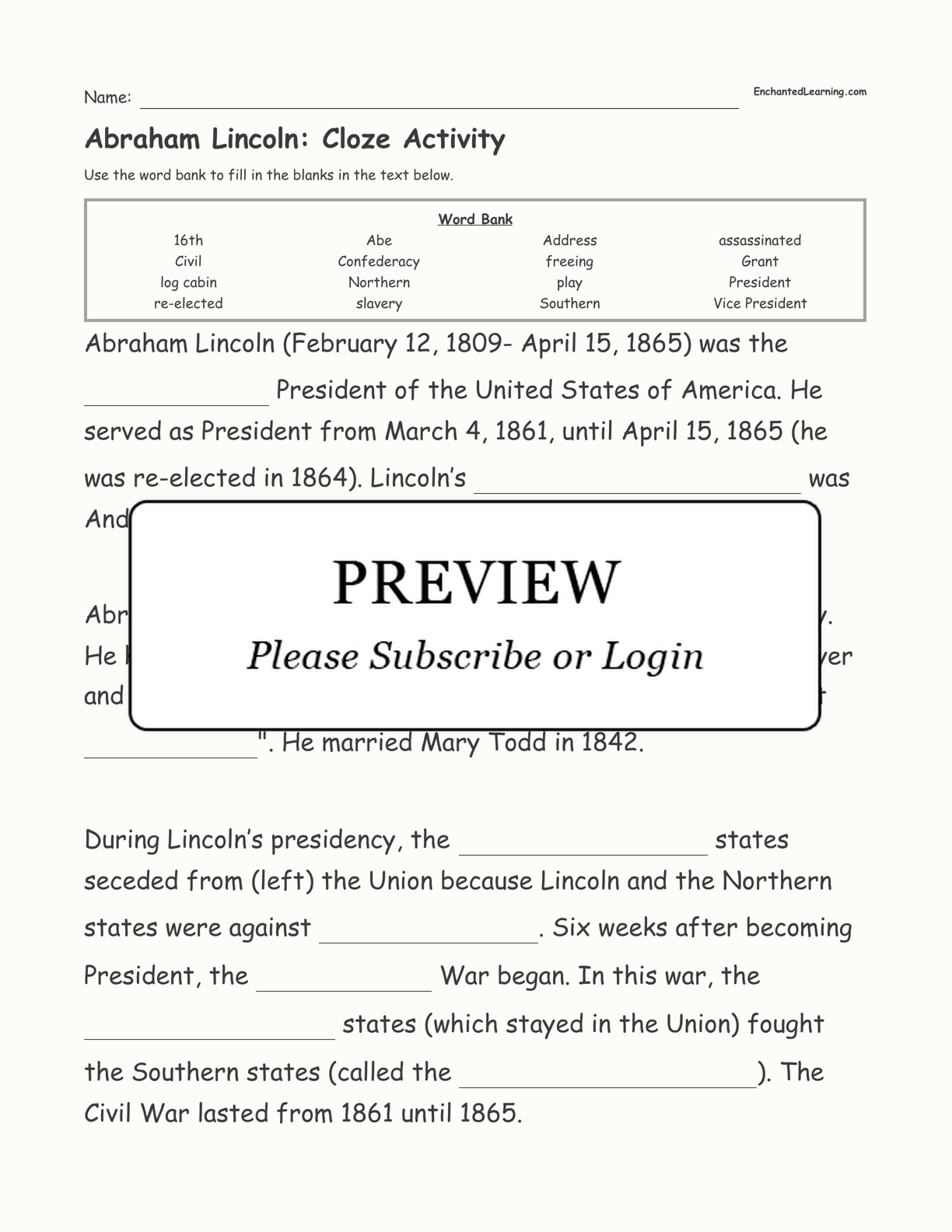 Abraham Lincoln: Cloze Activity interactive worksheet page 1