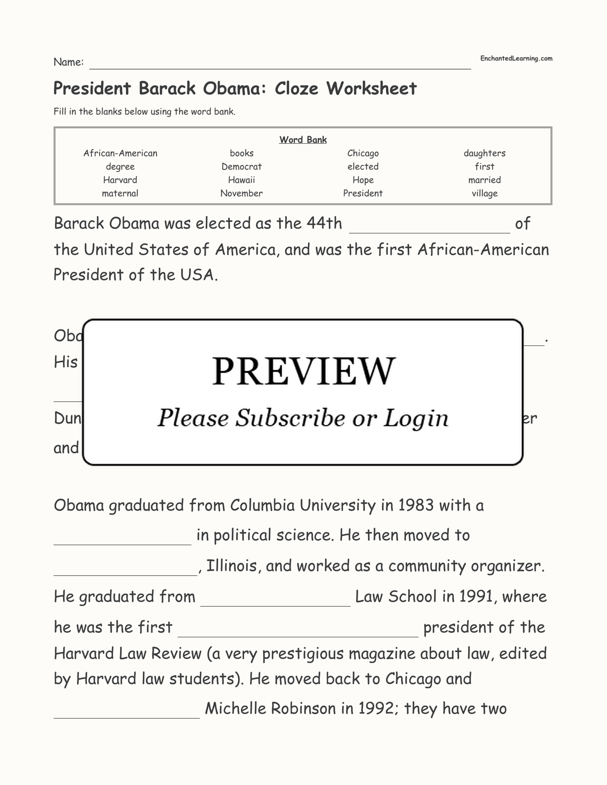 President Barack Obama: Cloze Worksheet interactive worksheet page 1