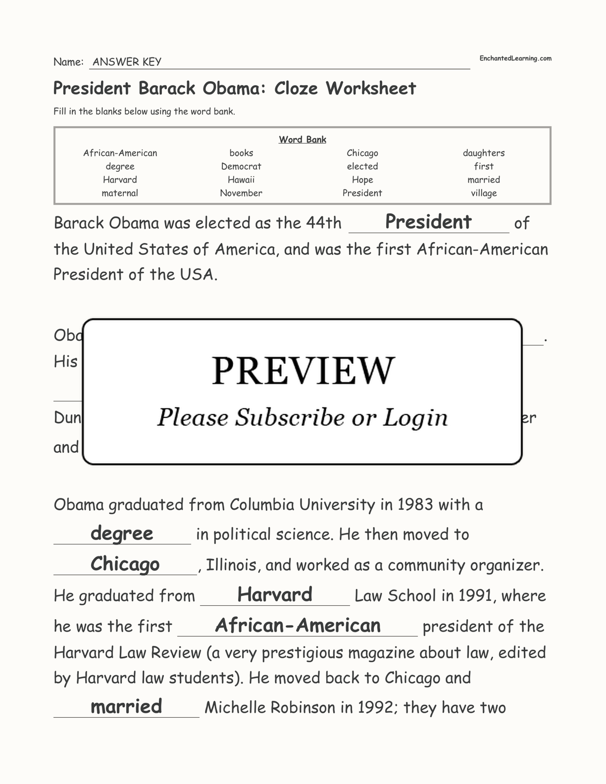 President Barack Obama: Cloze Worksheet interactive worksheet page 3
