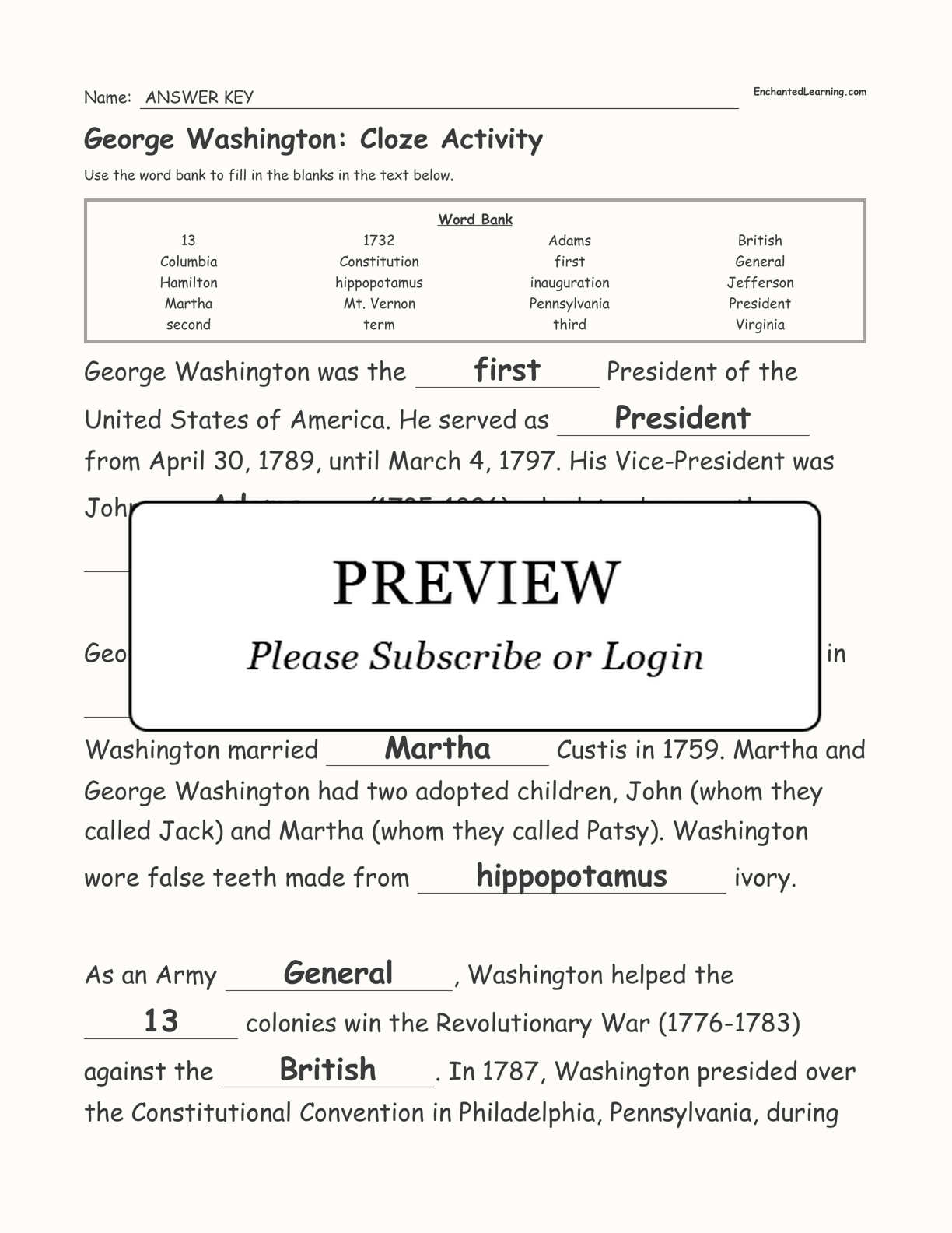 George Washington: Cloze Activity interactive worksheet page 3