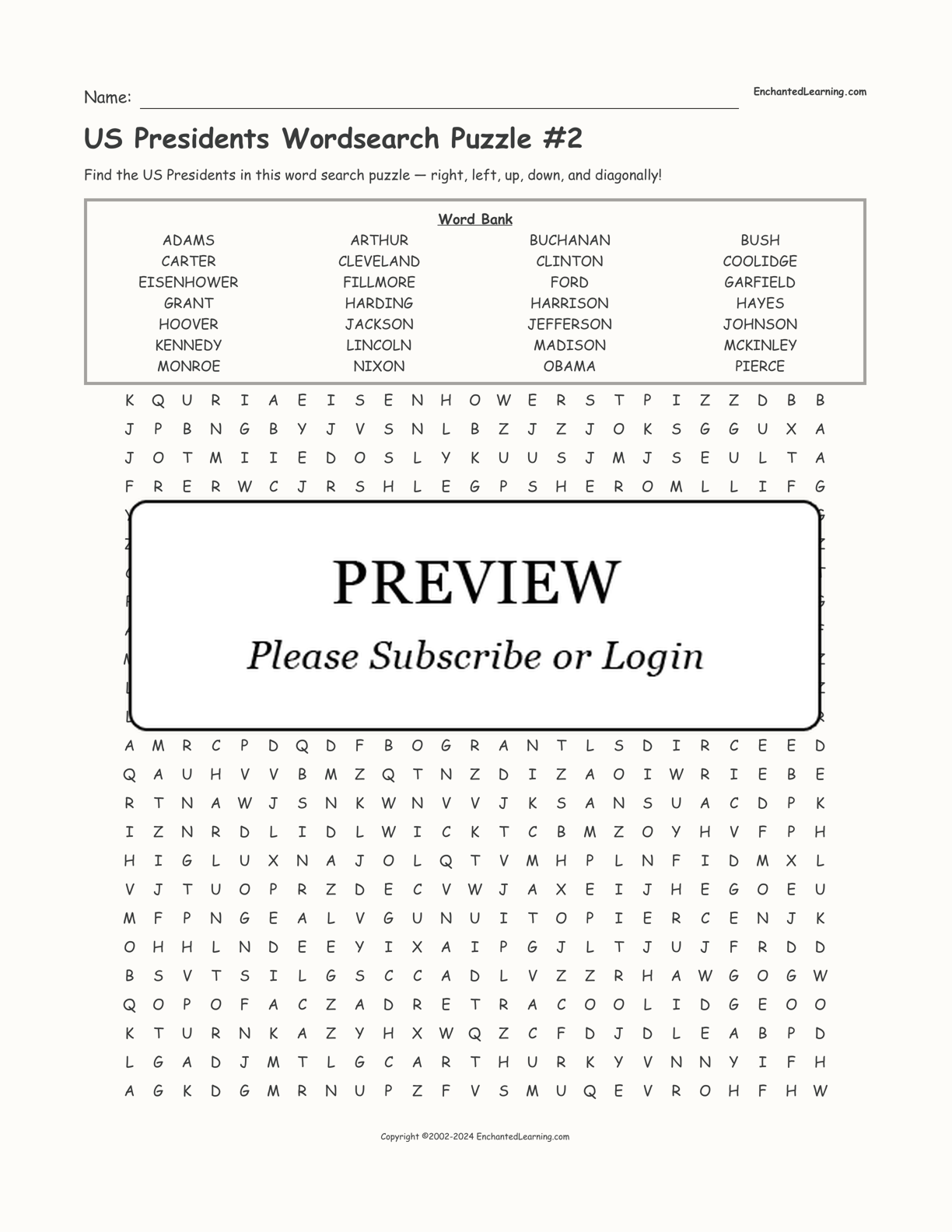 US Presidents Wordsearch Puzzle #2 interactive worksheet page 1