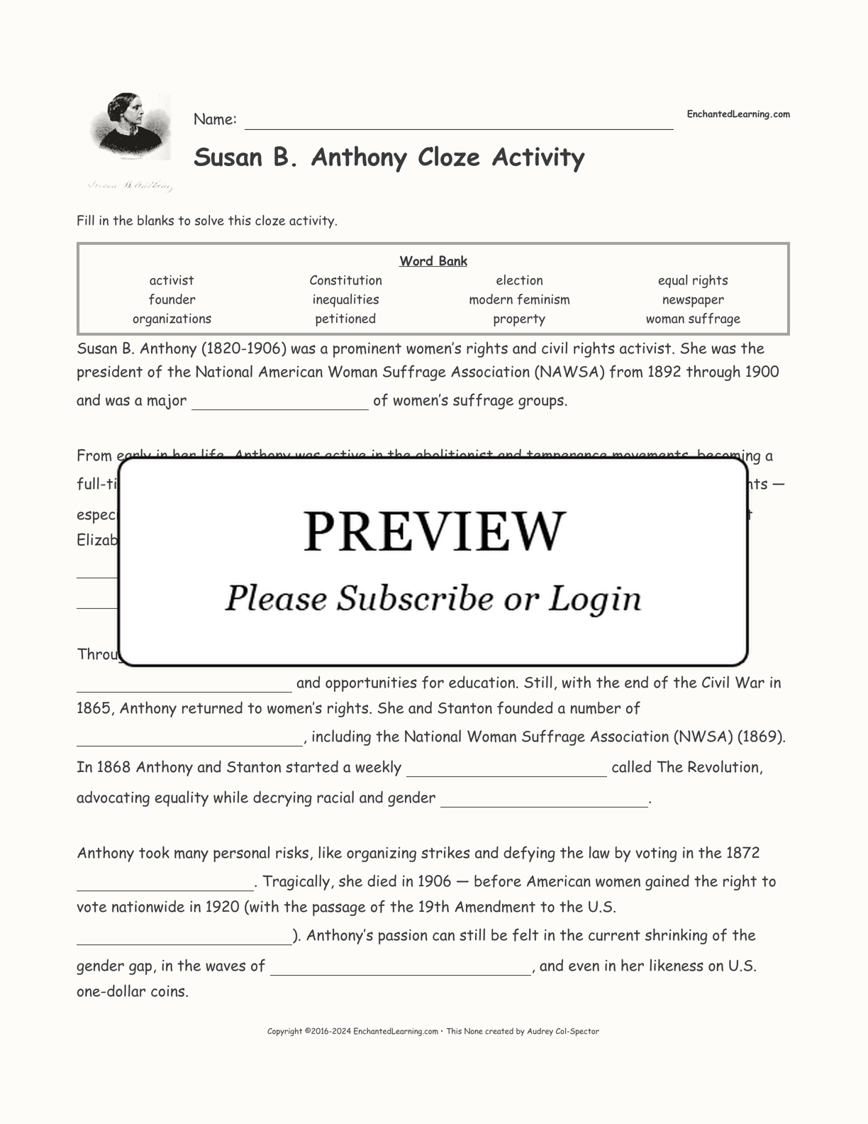Susan B. Anthony Cloze Activity interactive worksheet page 1