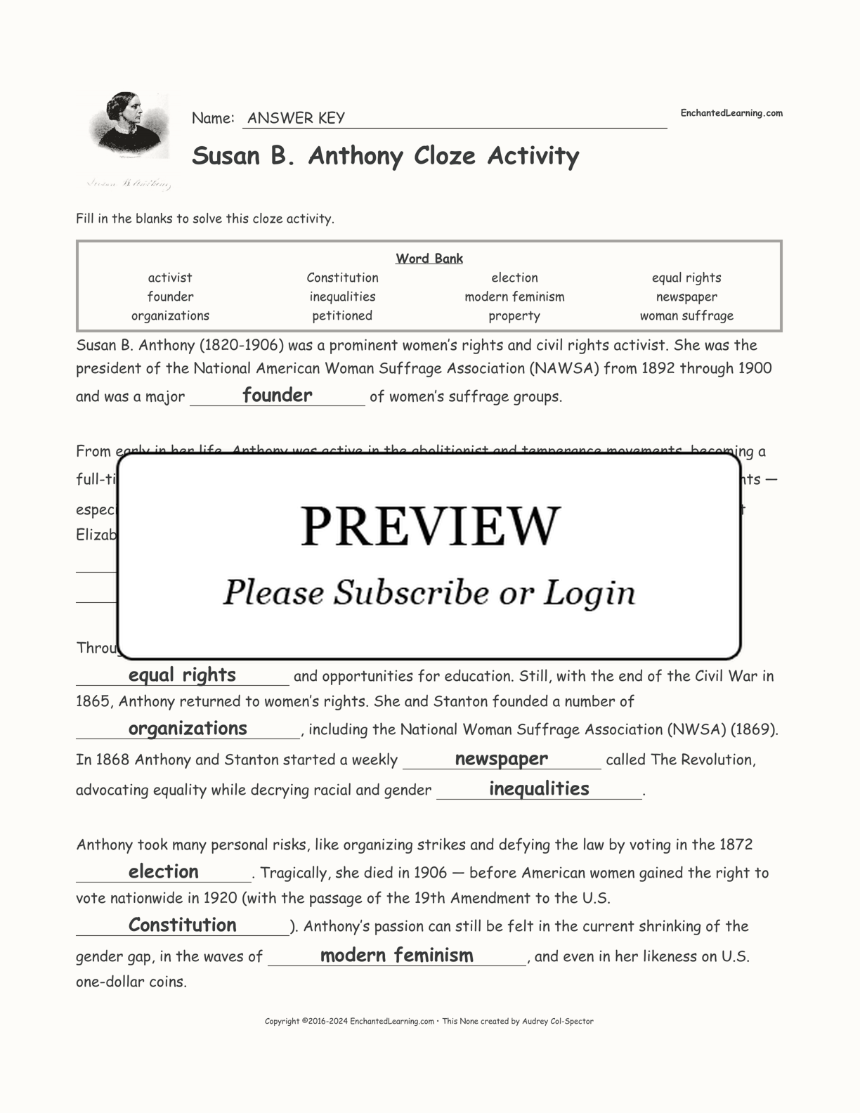 Susan B. Anthony Cloze Activity interactive worksheet page 2