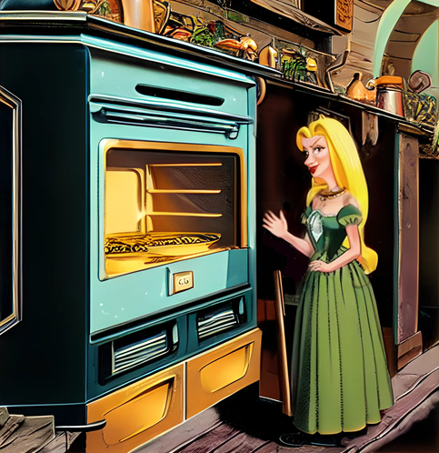 The witch pointing at the oven