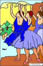 Three Dancers in Purple Skirts