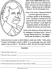 Mark Twain Biography/Questions Worksheet
