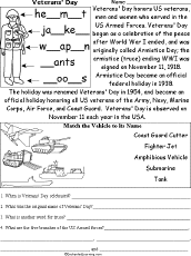 Veterans Day Printable Read and Answer Worksheet