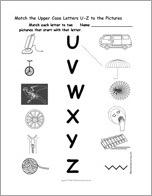 Match the Upper Case Letters U-Z to the Pictures